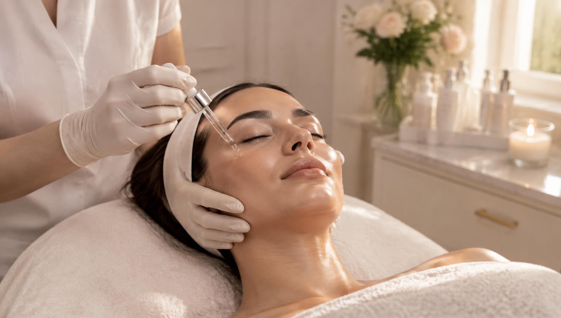 Practitioner applying serum during a calming facial treatment